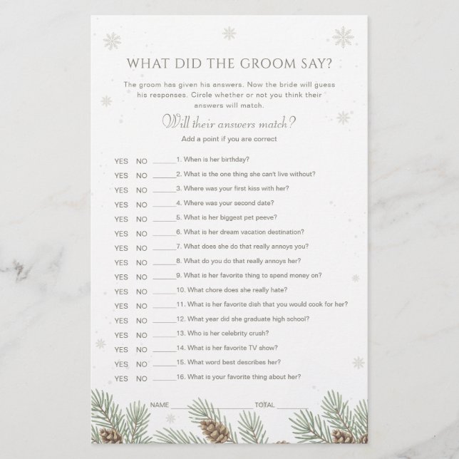 Jeu de Baby Shower d'Hiver : Qu'a dit le marié (Devant)
