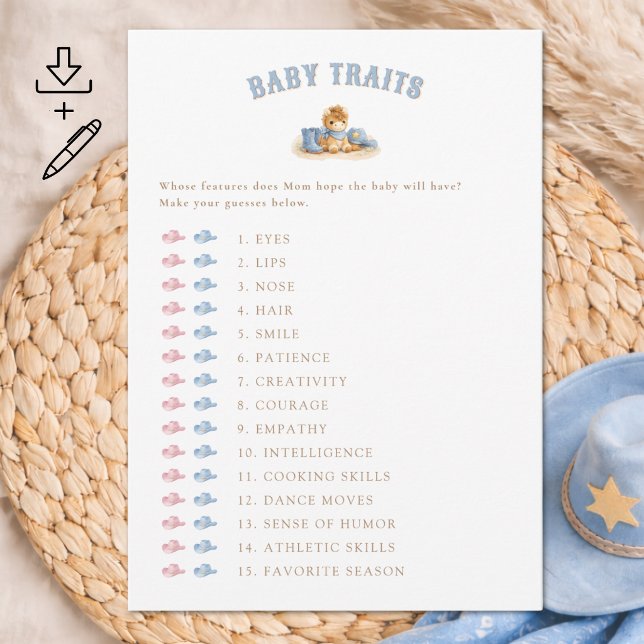 Jeu de Baby Shower Digital Cowboy Carte des Traits (Créateur téléchargé)