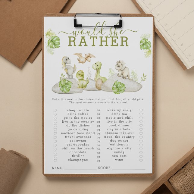 Jeu de baby shower « Dinosaur | Would She Rather » (Créateur téléchargé)