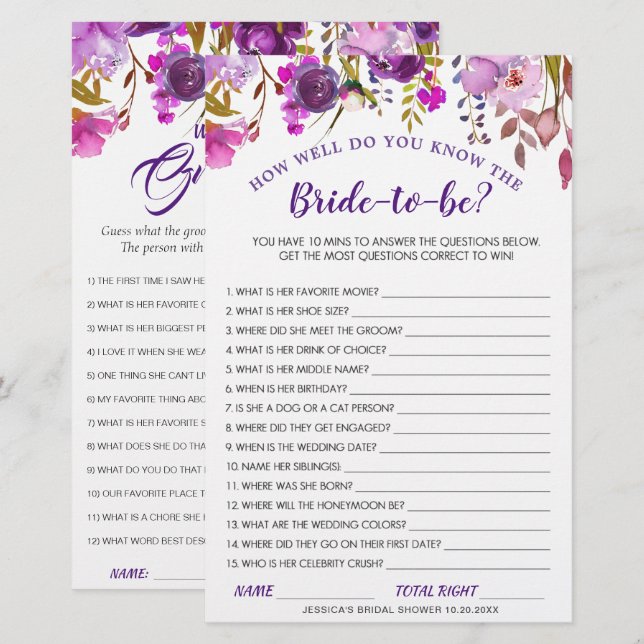 Jeu de Baby Shower Double Face Fleurs Violettes (Devant / Derrière)
