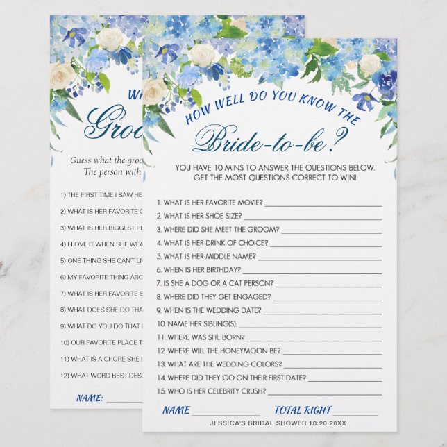 Jeu de Baby Shower DOUBLE FACE Hydrangea Bleue (Devant / Derrière)