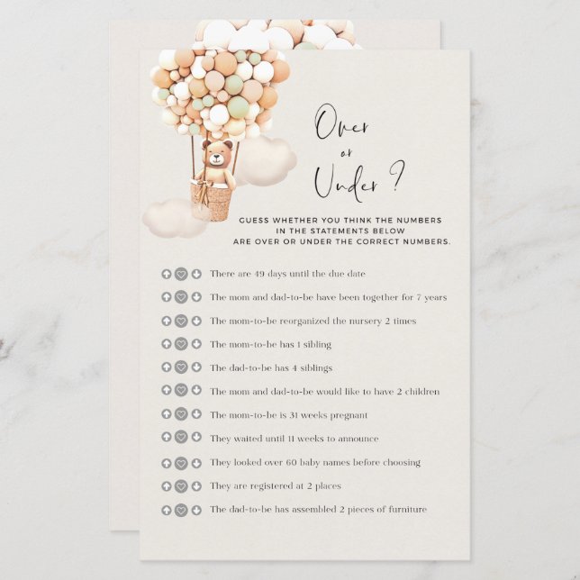 Jeu de Baby shower d'ours - Plus ou moins (Devant / Derrière)