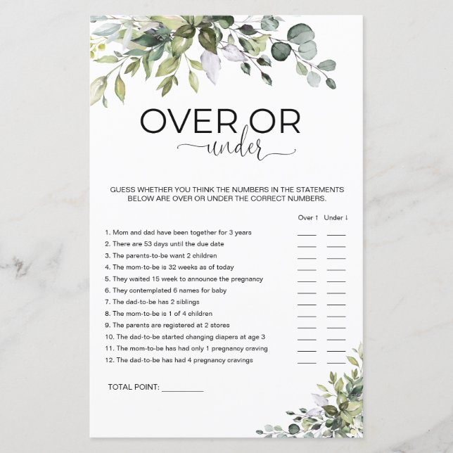 Jeu de baby shower Elegant Greenery Over ou Under (Devant)