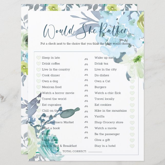 Jeu de Baby Shower Elle Préfèrerait Bleu Clair (Devant / Derrière)