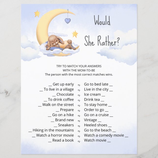 jeu de baby shower "Est-ce qu'elle préférerait ?" (Devant)