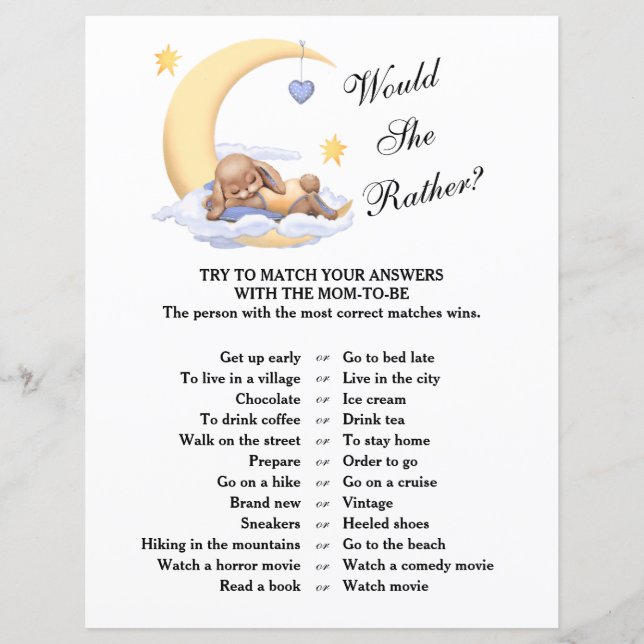 jeu de baby shower "Est-ce qu'elle préférerait ?" (Devant)