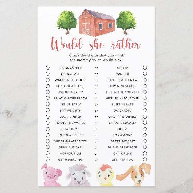 Jeu de Baby Shower Ferme / Préférerait-Elle (Devant)