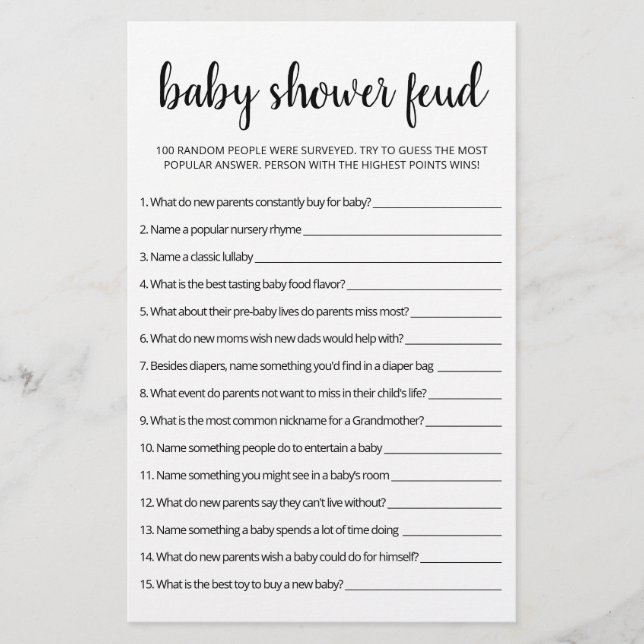 Jeu de Baby Shower Feud avec réponses (Devant)