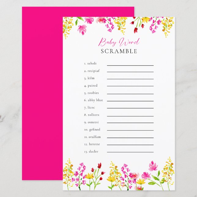 Jeu de Baby shower Fleur sauvage Word Scramble (Devant / Derrière)