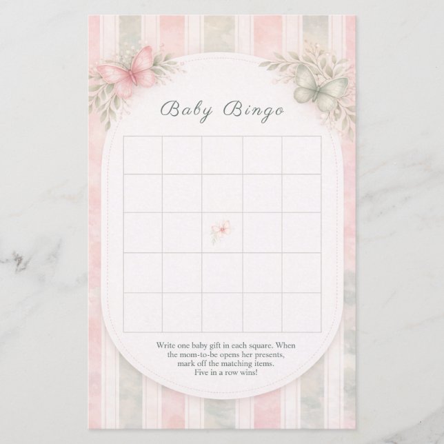 Jeu de baby shower floral papillon bingo (Devant)