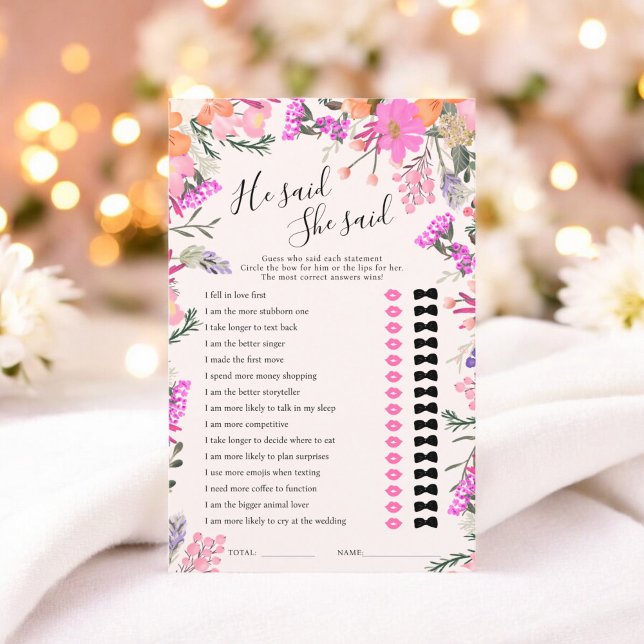 Jeu de baby shower floral rose 'Il a dit, Elle a d (He said she said pink floral bridal shower game)