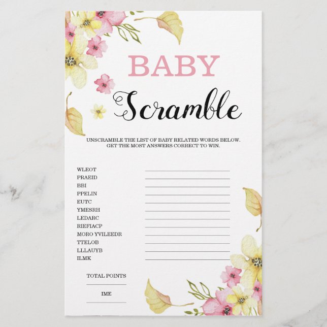 Jeu de Baby shower floral Word Scramble (Devant)