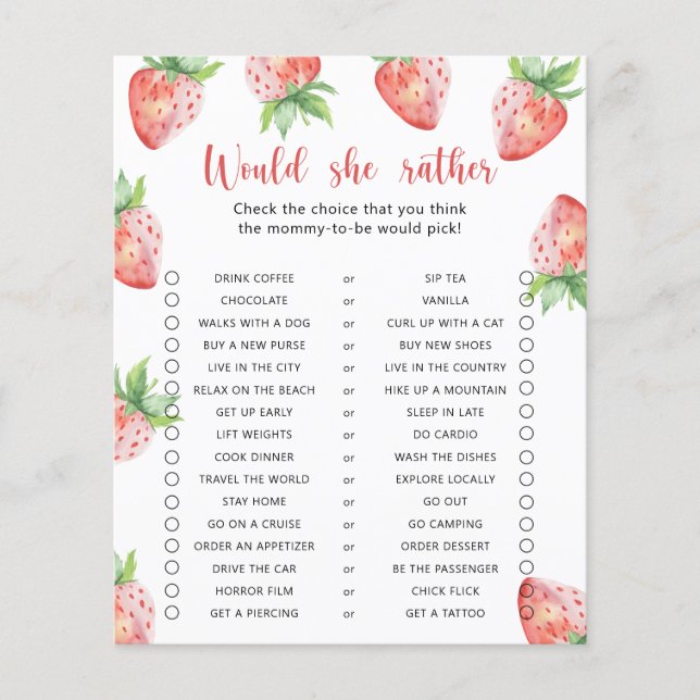 Jeu de baby shower « Fraise / Préfèrerait-elle » p (Devant)