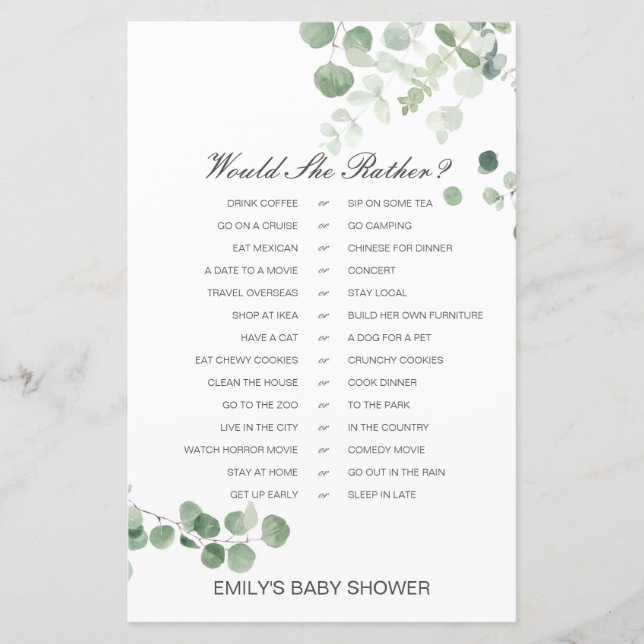 Jeu de Baby Shower Imprimé 'Would She Rather' (Devant)