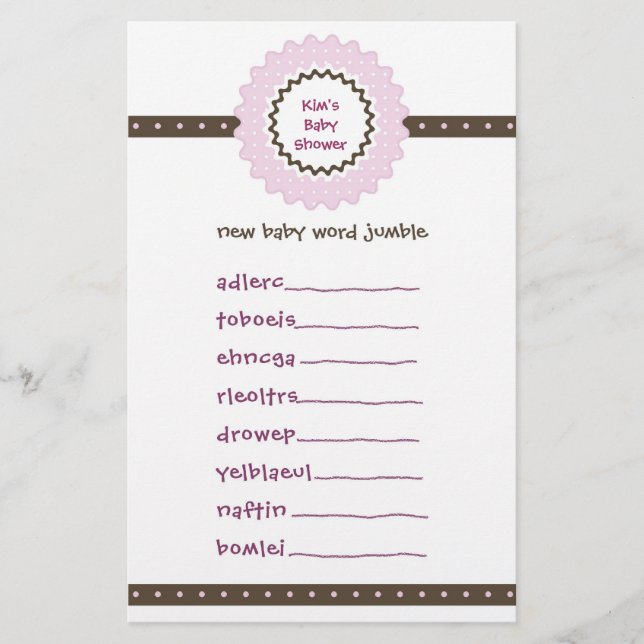 Jeu de baby shower - Jumble de mot (Devant)