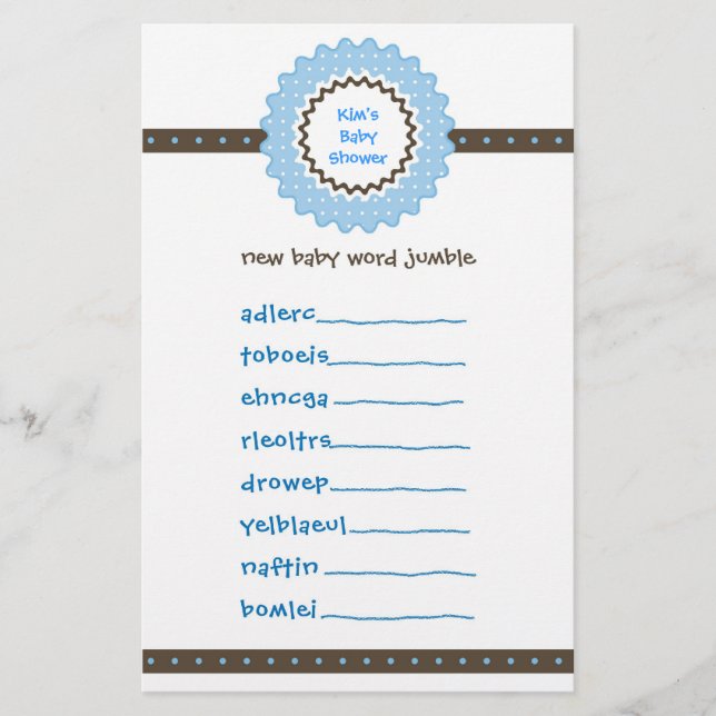 Jeu de baby shower - Jumble de mot (Devant)
