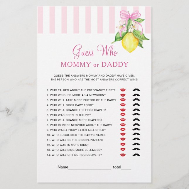 Jeu de Baby Shower Lemons Maman ou Papa (Devant)