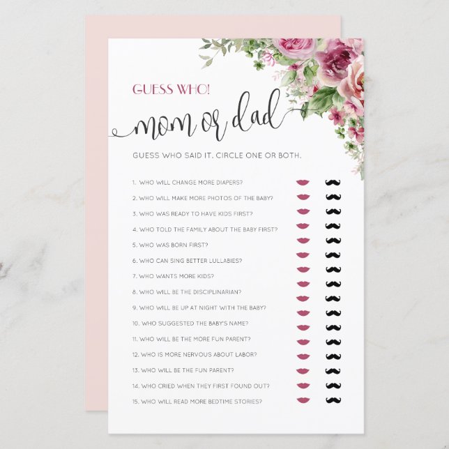 Jeu de Baby shower maman ou papa (Devant / Derrière)