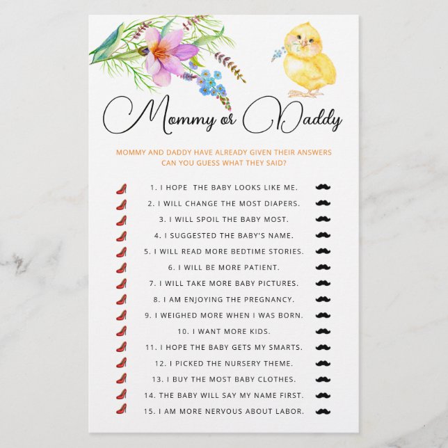 Jeu de baby shower maman ou papa (Devant)