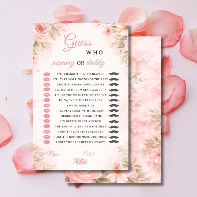 Jeu de Baby Shower « Maman ou Papa » à Fleurs Rose (Créateur téléchargé)