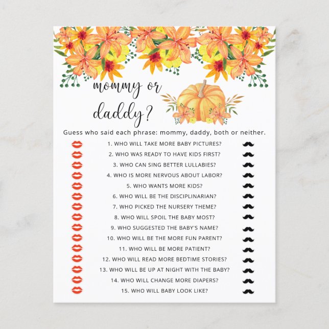 Jeu de baby shower « Maman ou papa, citrouille d'a (Devant)
