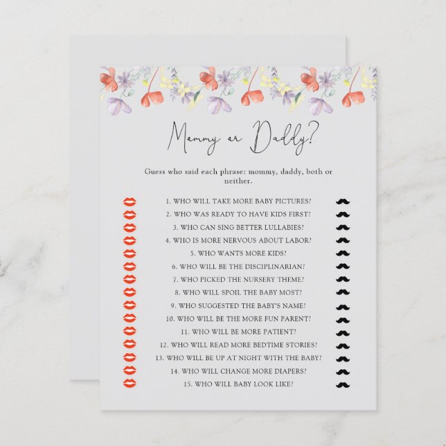 Jeu de baby shower maman ou papa fleur sauvage (Devant / Derrière)