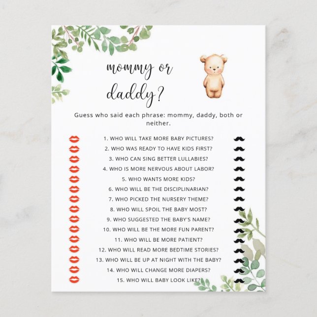 Jeu de baby shower « Maman ou papa ours » (Devant)