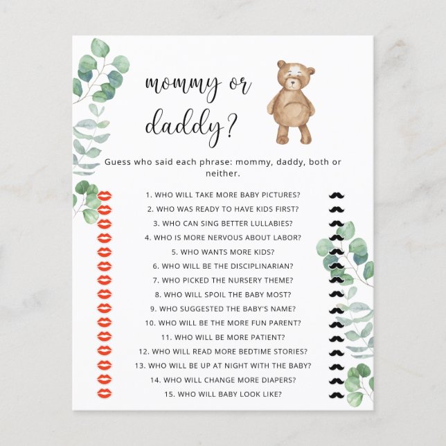 Jeu de baby shower « Maman ou papa ours » (Devant)