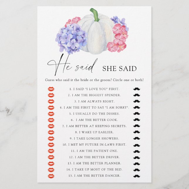 Jeu de baby shower mariage Citrouille blanche Il a (Devant)
