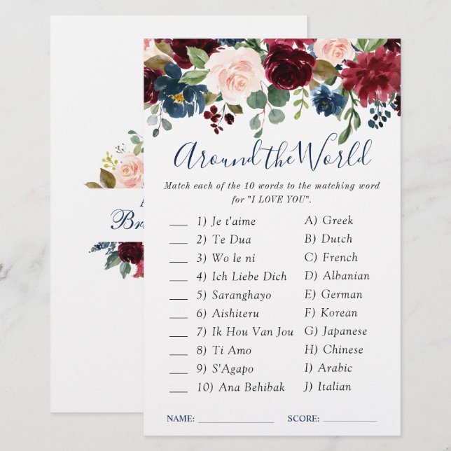 Jeu de Baby Shower Mariage Fleur Rose Navy Bourgog (Devant / Derrière)
