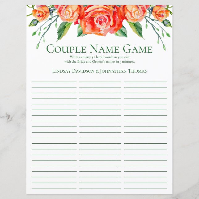 Jeu de Baby Shower Mariage Fleurs de Corail (Devant)