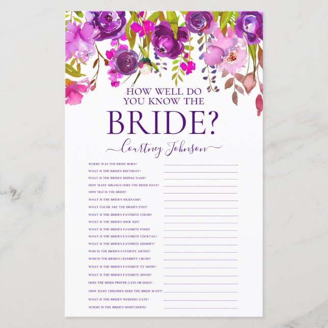 Jeu de Baby Shower Mariage Fleurs Violettes (Devant)