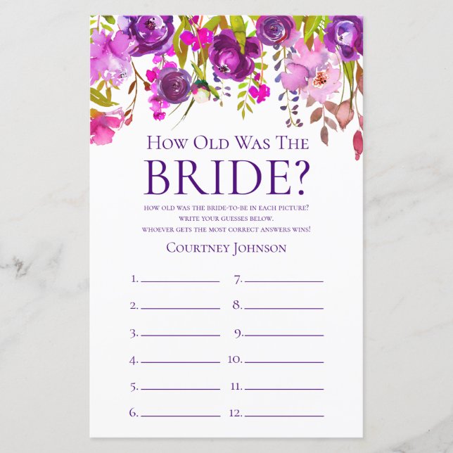 Jeu de Baby Shower Mariage Fleurs Violettes (Devant)