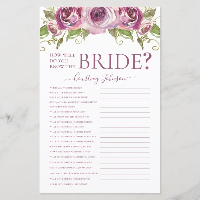 Jeu de Baby Shower Mariage Fleurs Violettes (Devant)