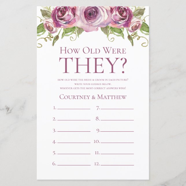 Jeu de Baby Shower Mariage Fleurs Violettes Quel â (Devant)