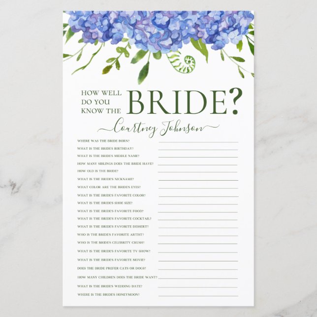 Jeu de Baby Shower Mariage Hydrangeas Bleues (Devant)