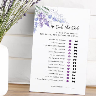 Jeu de Baby Shower Mariage Lavande Il a Dit Elle a