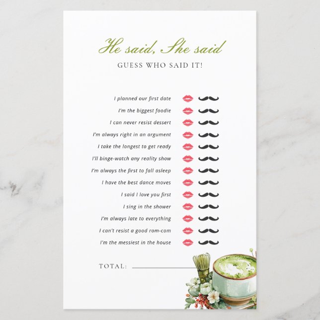 Jeu de Baby Shower Mariage Matcha Il a Dit Elle a  (Devant)