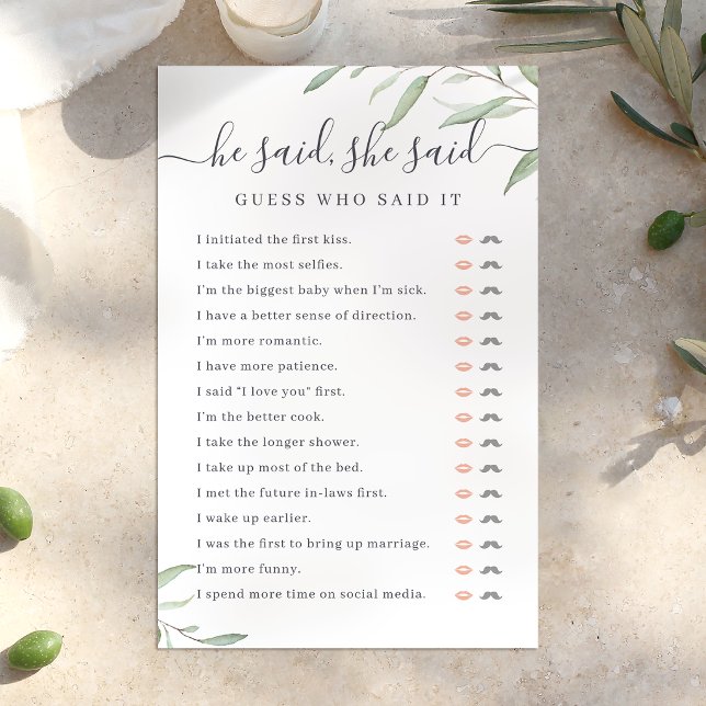 Jeu de baby shower mariage « Verdi » Il a dit Elle (Greenery He said She said bridal shower game)