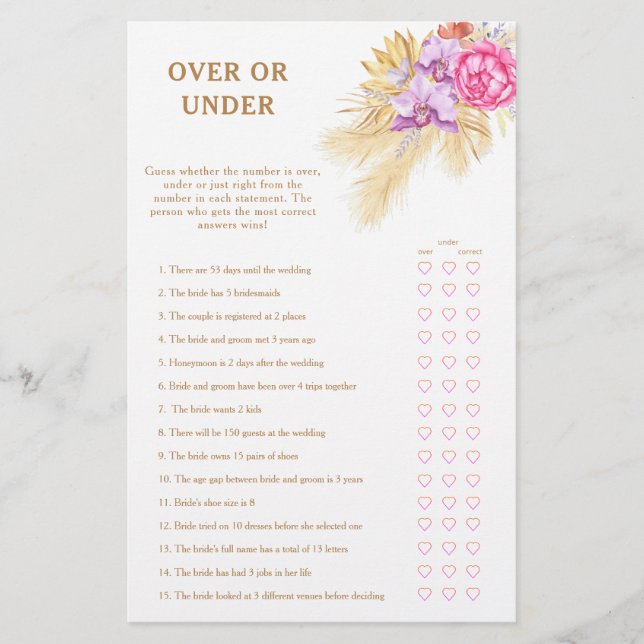 Jeu de baby shower mariée boho pampa - Plus ou moi (Devant)