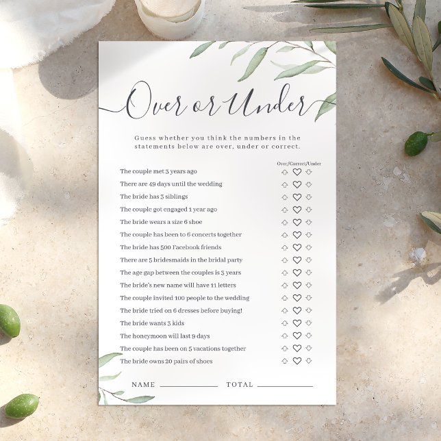 Jeu de baby shower Minimal greenery Over or Under (Minimal greenery Over or Under bridal shower game)