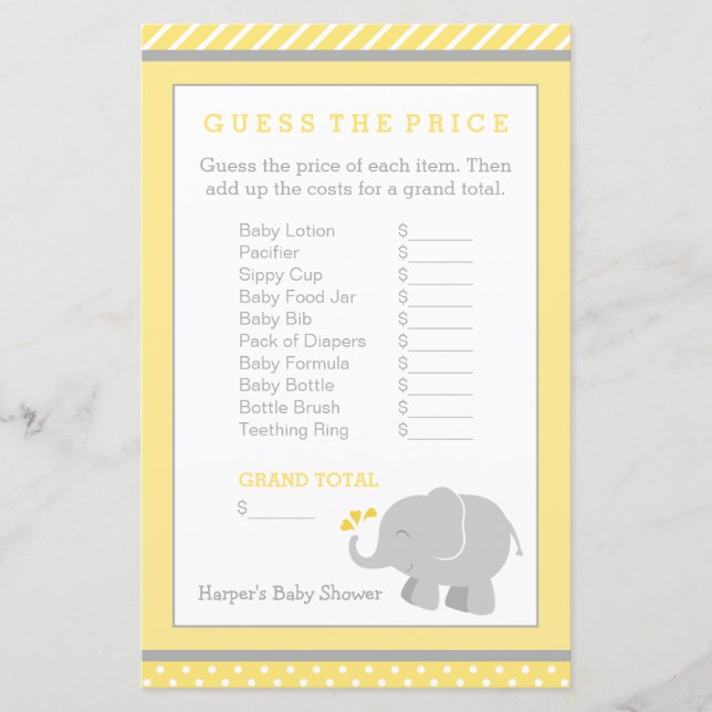 Jeu de Baby shower moderne Jaune et Grey Elephant (Devant)