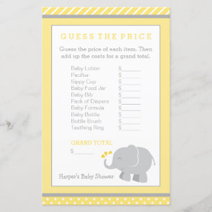 Jeu de Baby shower moderne Jaune et Grey Elephant