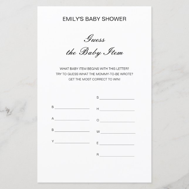 Jeu de baby shower modifiable : devine l'article p (Devant)