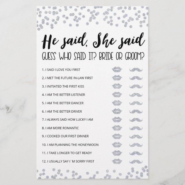 Jeu de Baby Shower modifiable 'Il a dit, Elle a di (Devant)