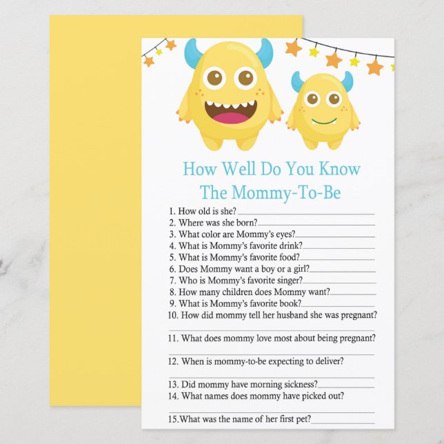 Jeu de baby shower Monstre combien connaissez-vous (Devant / Derrière)