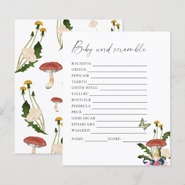 jeu de baby shower - Mots mêlés champignons d'auto (Devant / Derrière)