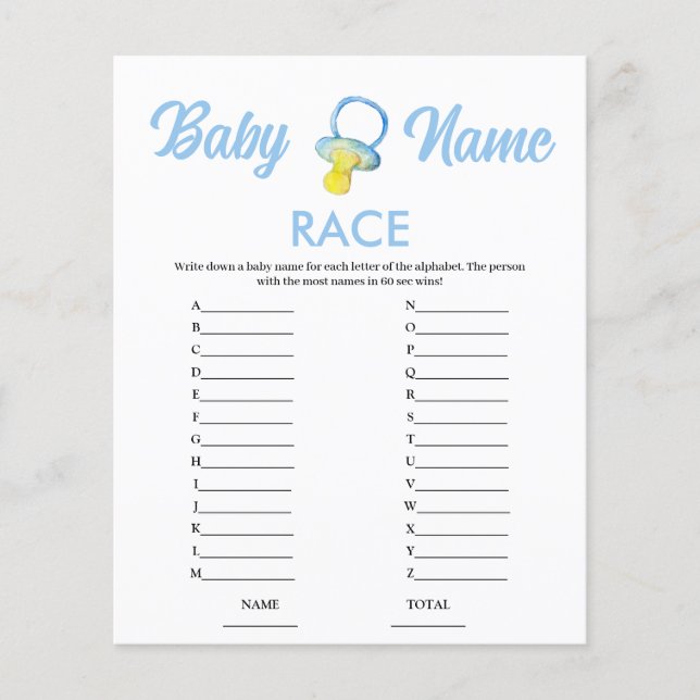 Jeu de Baby Shower "Nom de la Course" Budget Bleu (Devant)