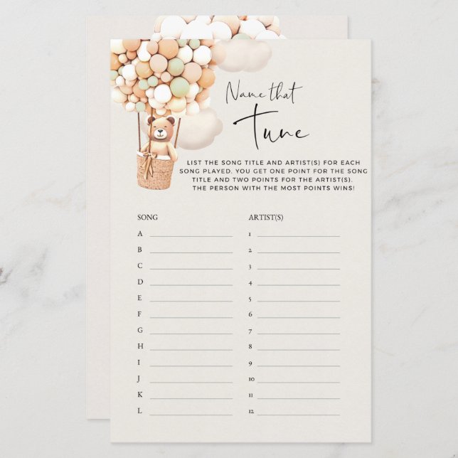 Jeu de Baby Shower Ours - Identifiez cette mélodie (Devant / Derrière)