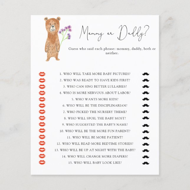 Jeu de baby shower « Ours - maman ou papa » (Devant)